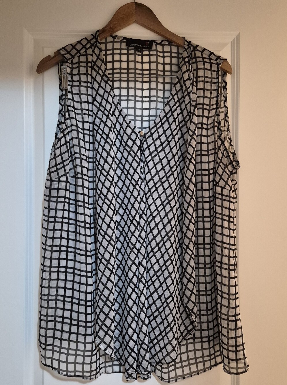 White and Black Grid V-Neck, flowy, Sleeveless Top